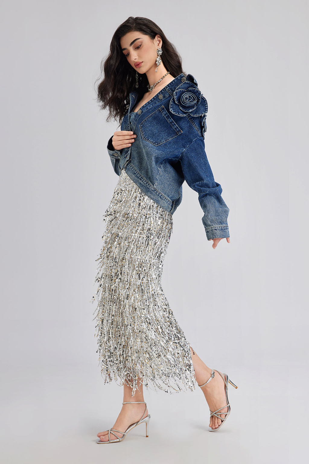 Layered Sequin Tassel Slit Midi Skirt
