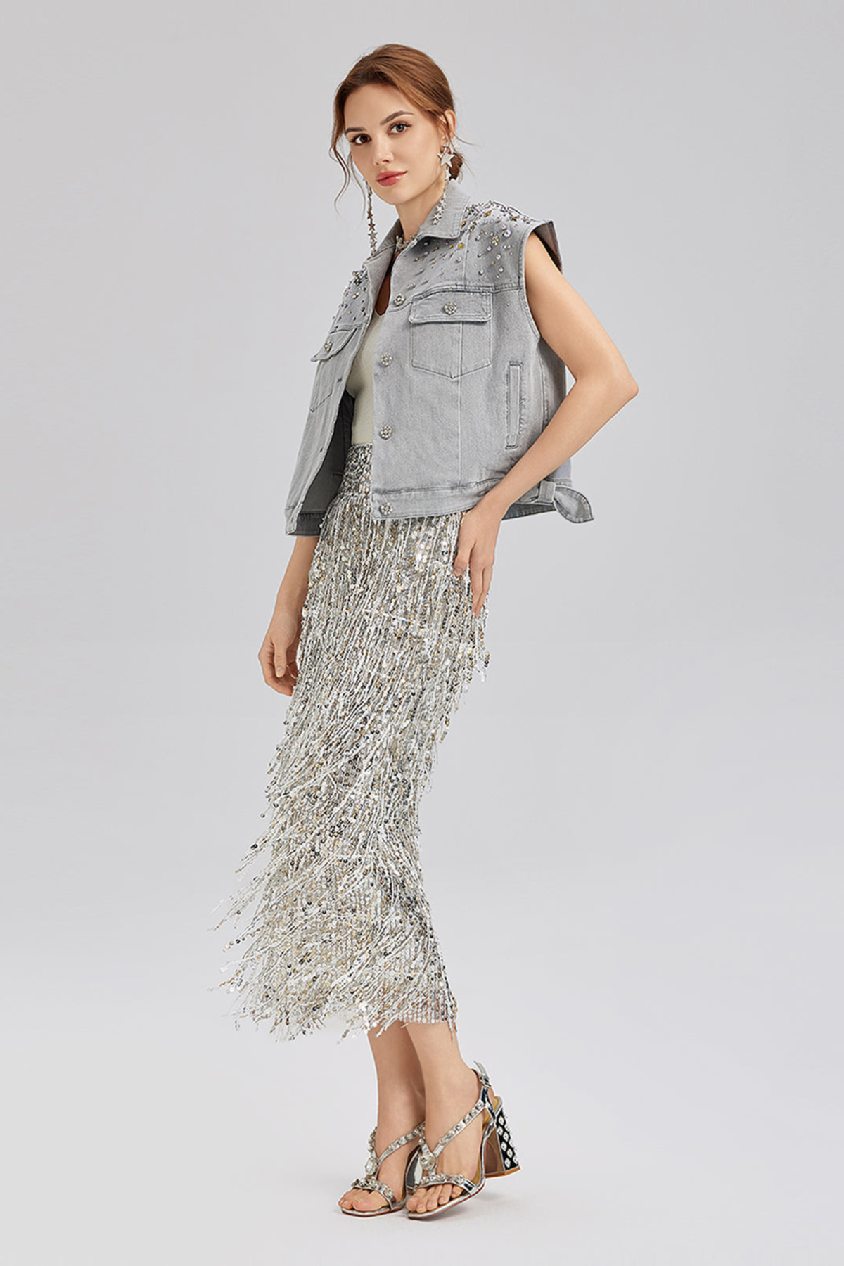 Layered Sequin Tassel Slit Midi Skirt