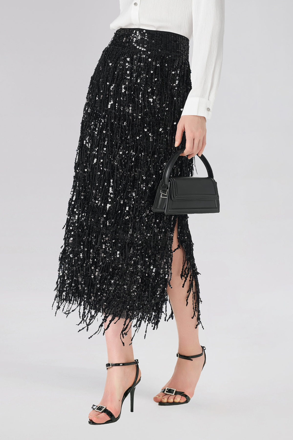 Layered Sequin Tassel Slit Midi Skirt