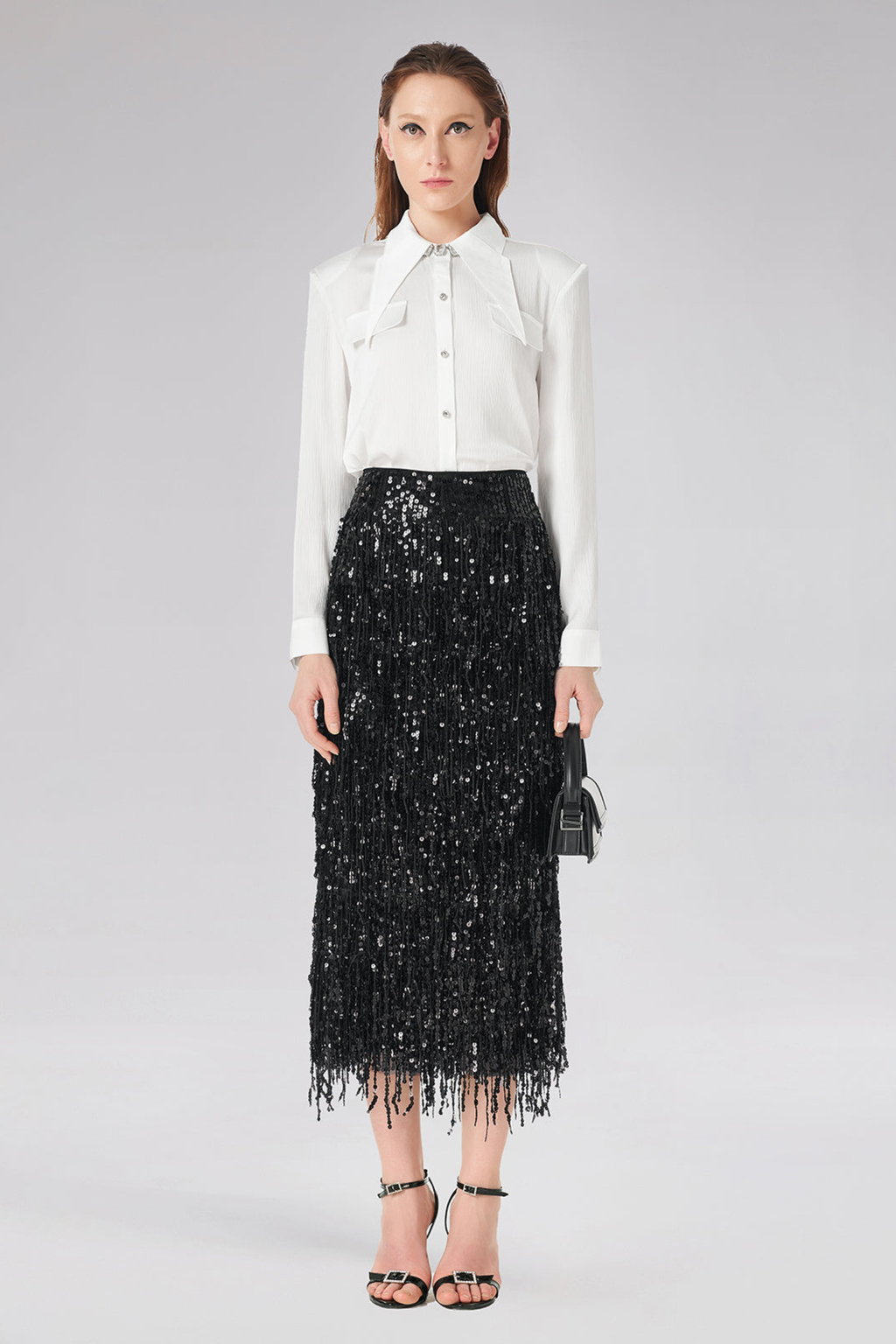 Layered Sequin Tassel Slit Midi Skirt