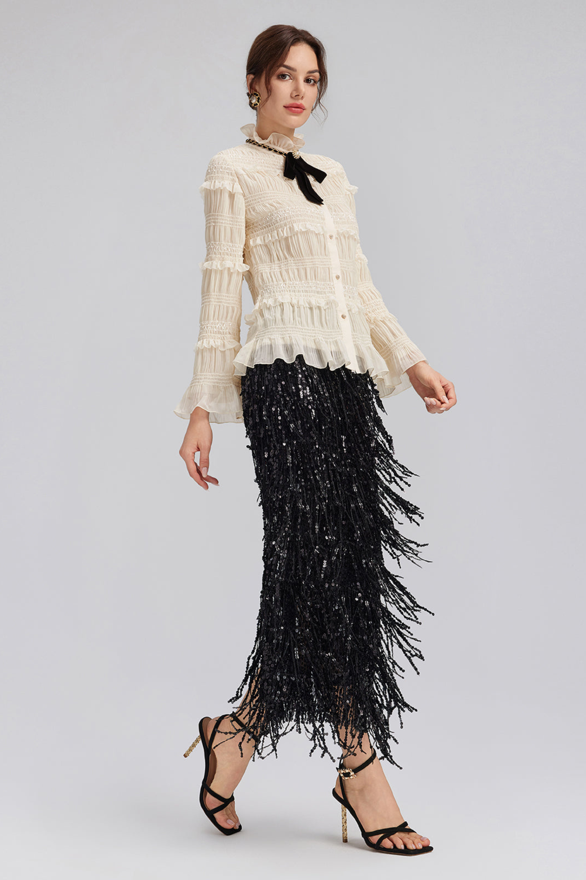 Layered Sequin Tassel Slit Midi Skirt