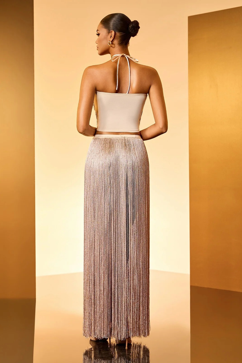 Metallic Fringe Halter Skirt Set