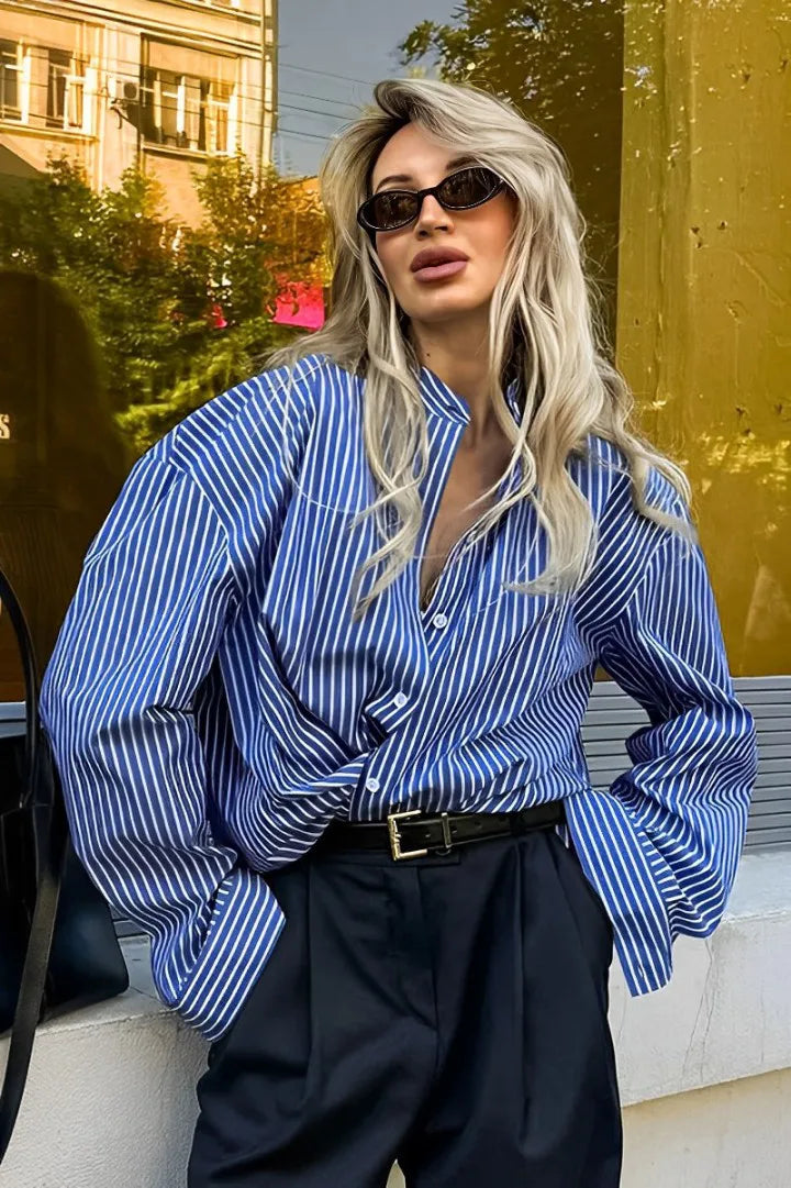 Patchwork Striped Loose Long-Sleeve Blouse