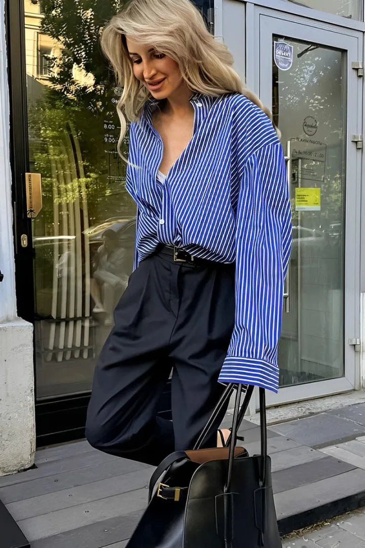 Patchwork Striped Loose Long-Sleeve Blouse