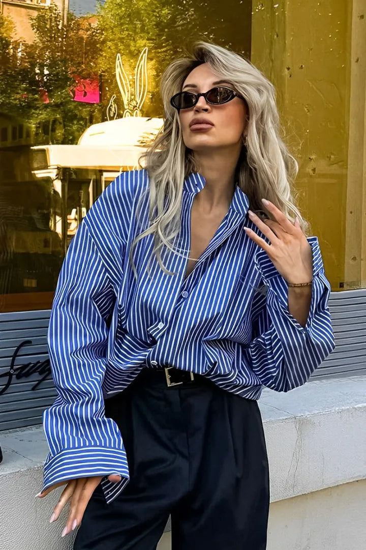 Patchwork Striped Loose Long-Sleeve Blouse
