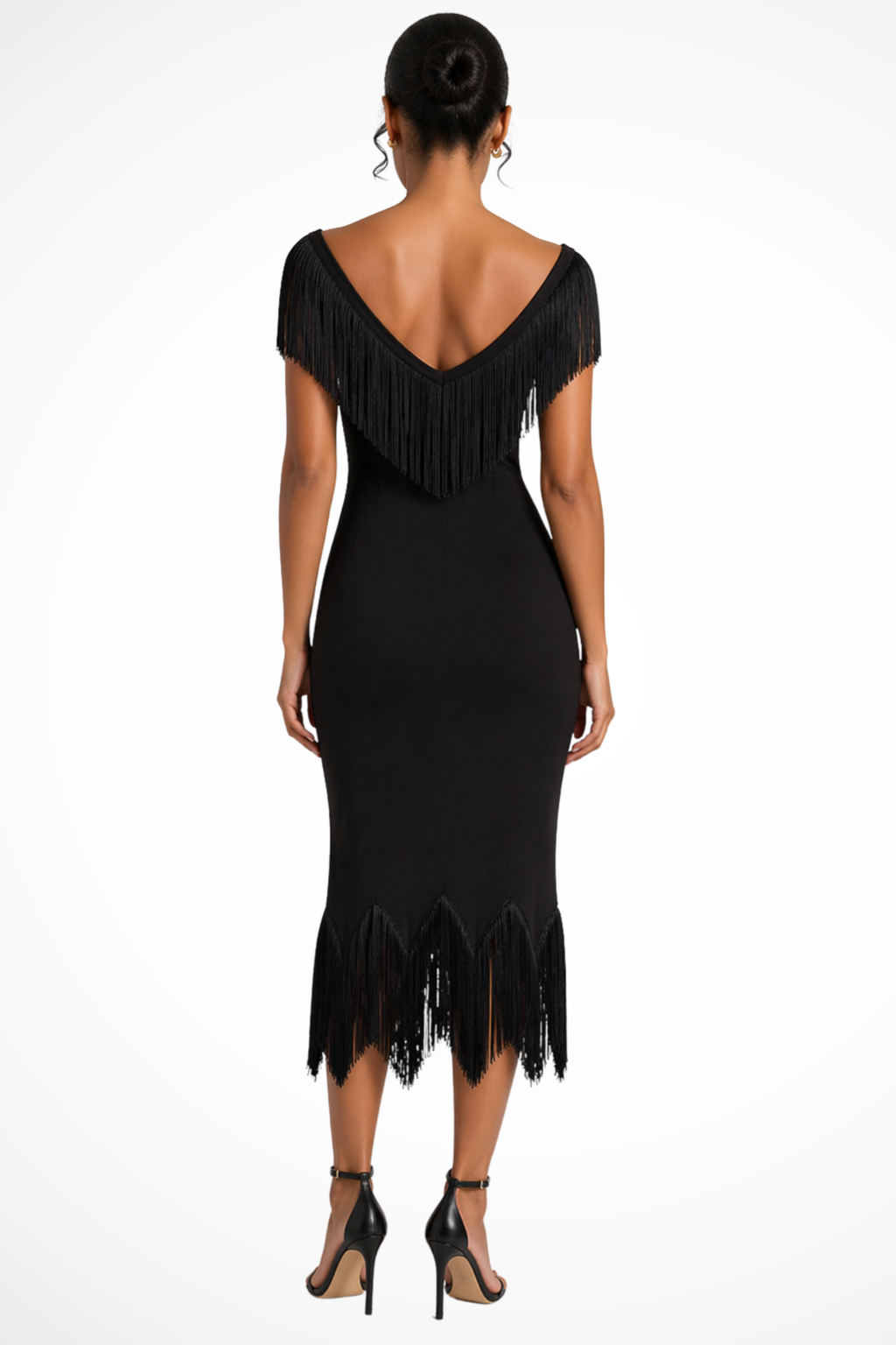 Off Shoulder Fringe Trim Midi Dress
