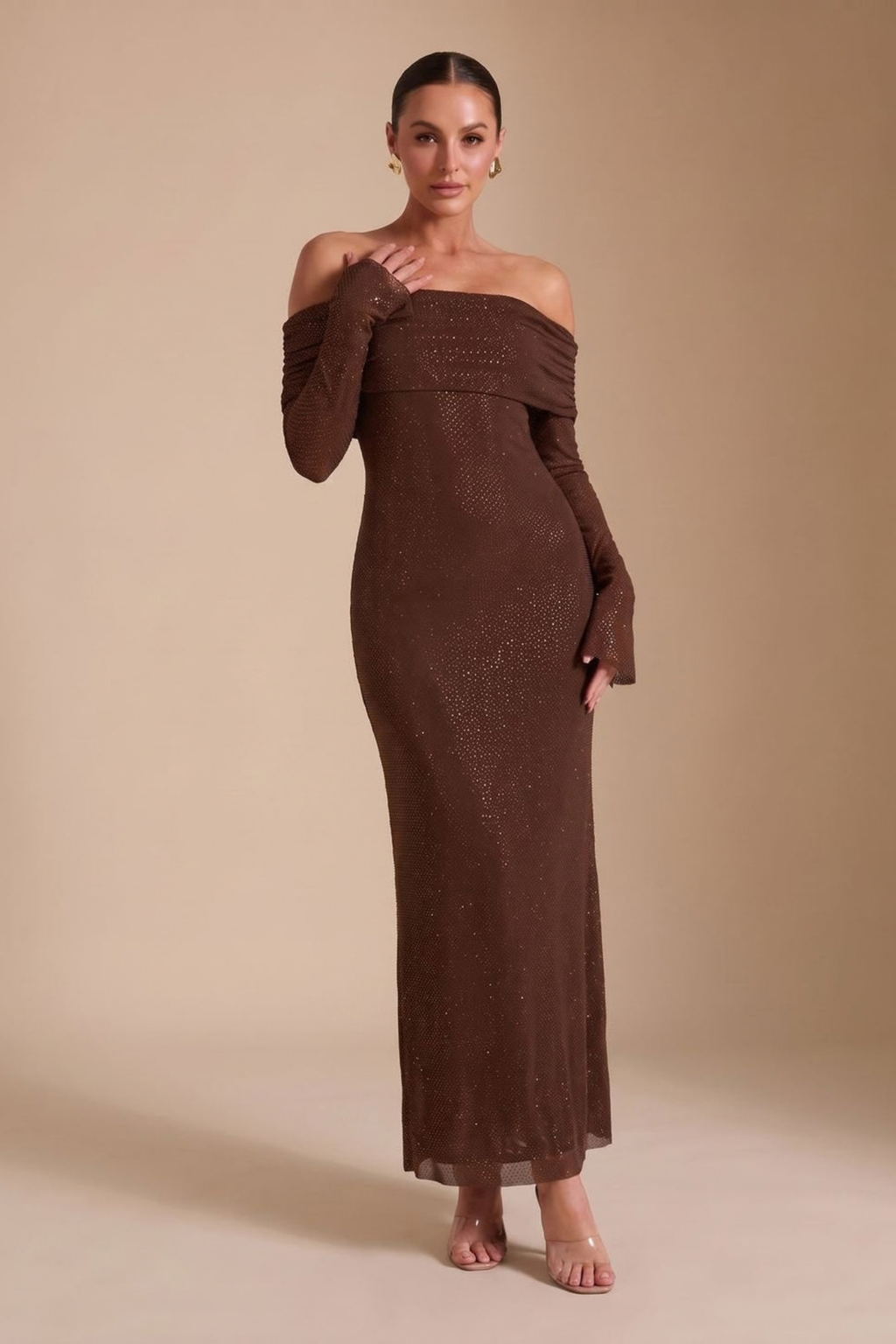 Off Shoulder Sequin Fitted Maxi Dress