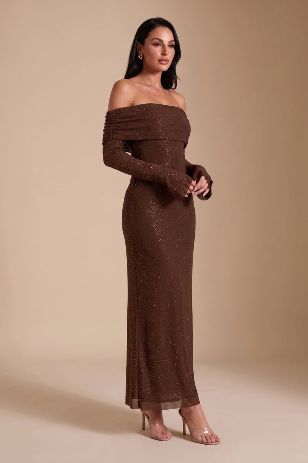 Off Shoulder Sequin Fitted Maxi Dress