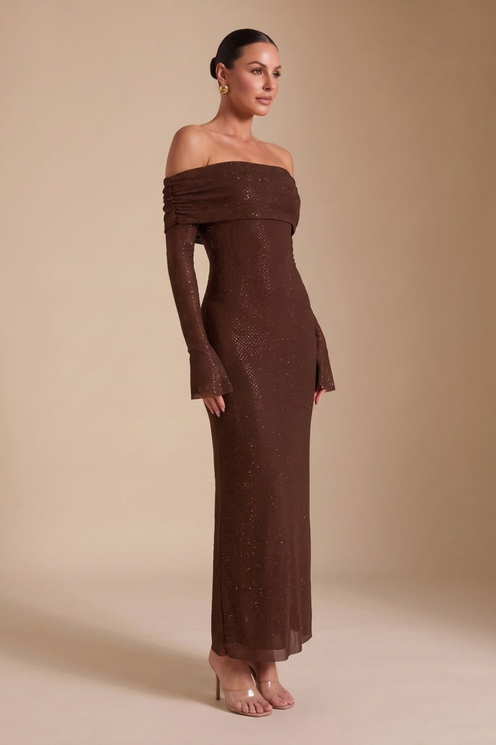 Off Shoulder Sequin Fitted Maxi Dress
