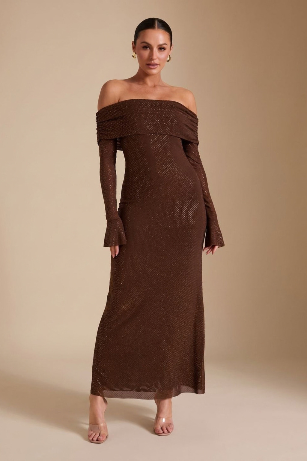 Off Shoulder Sequin Fitted Maxi Dress