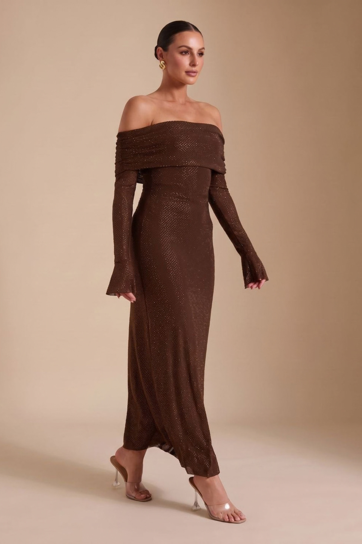 Off Shoulder Sequin Fitted Maxi Dress