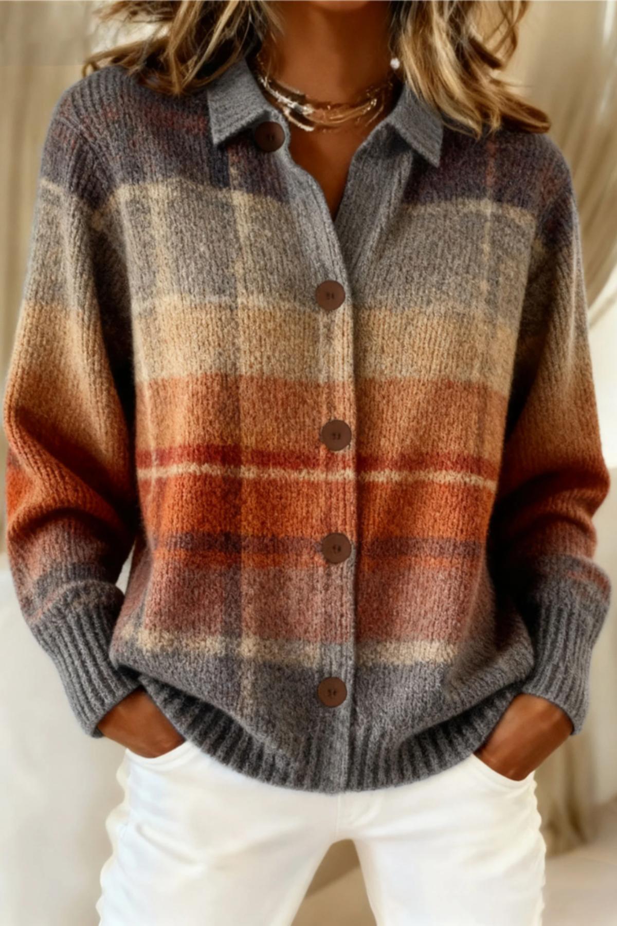 Ombre Plaid Button Front Cardigan