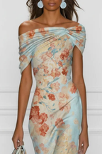 One Shoulder Mermaid Midi Dress with Romantic Floral Print