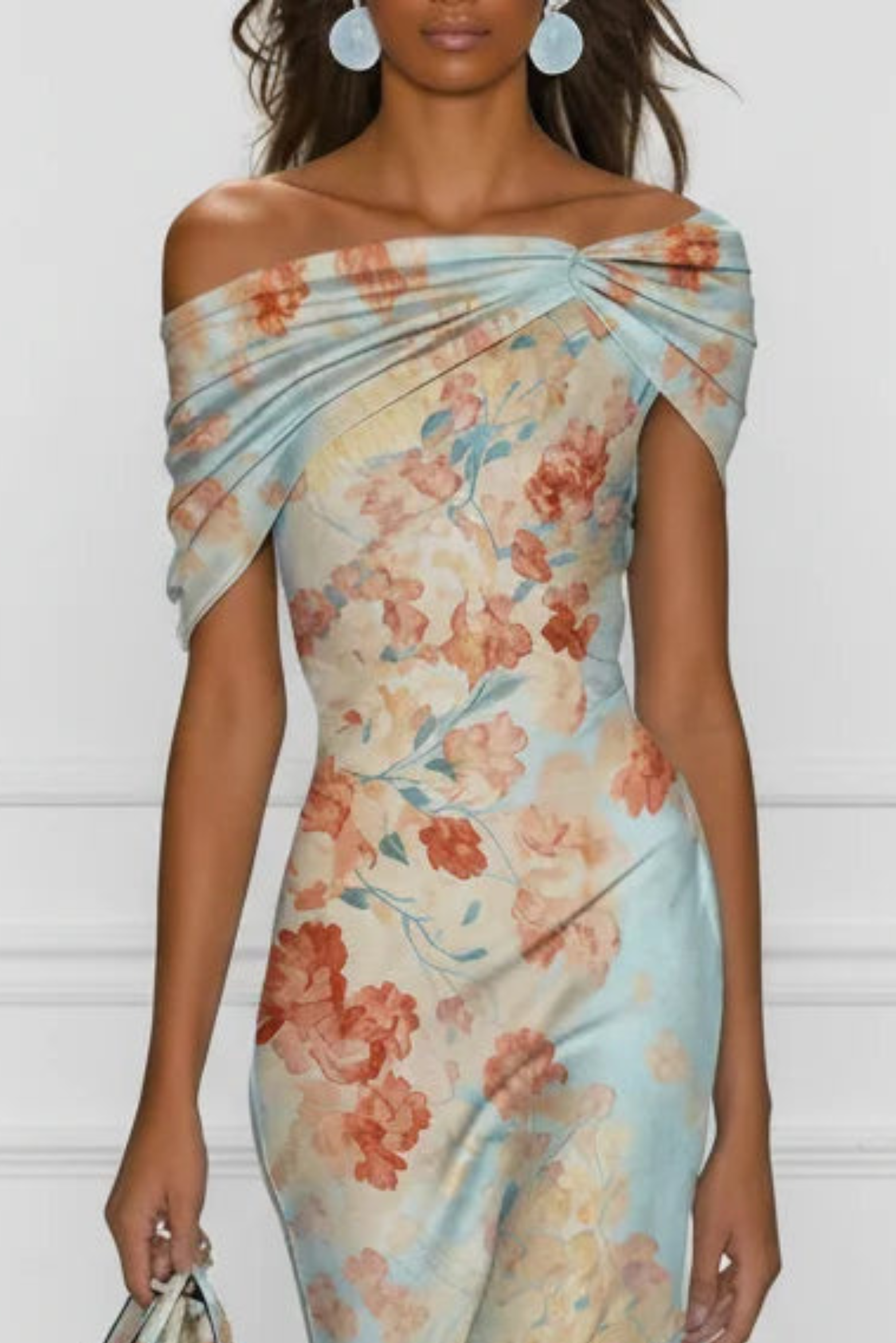 One Shoulder Mermaid Midi Dress with Romantic Floral Print