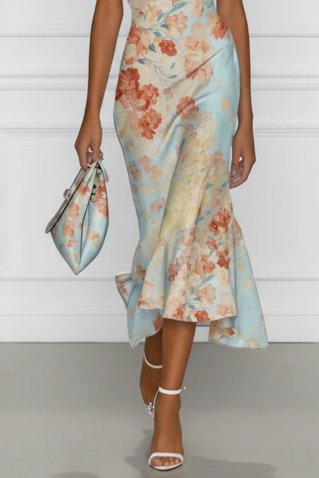 One Shoulder Mermaid Midi Dress with Romantic Floral Print