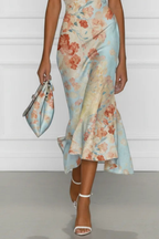 One Shoulder Mermaid Midi Dress with Romantic Floral Print