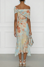 One Shoulder Mermaid Midi Dress with Romantic Floral Print