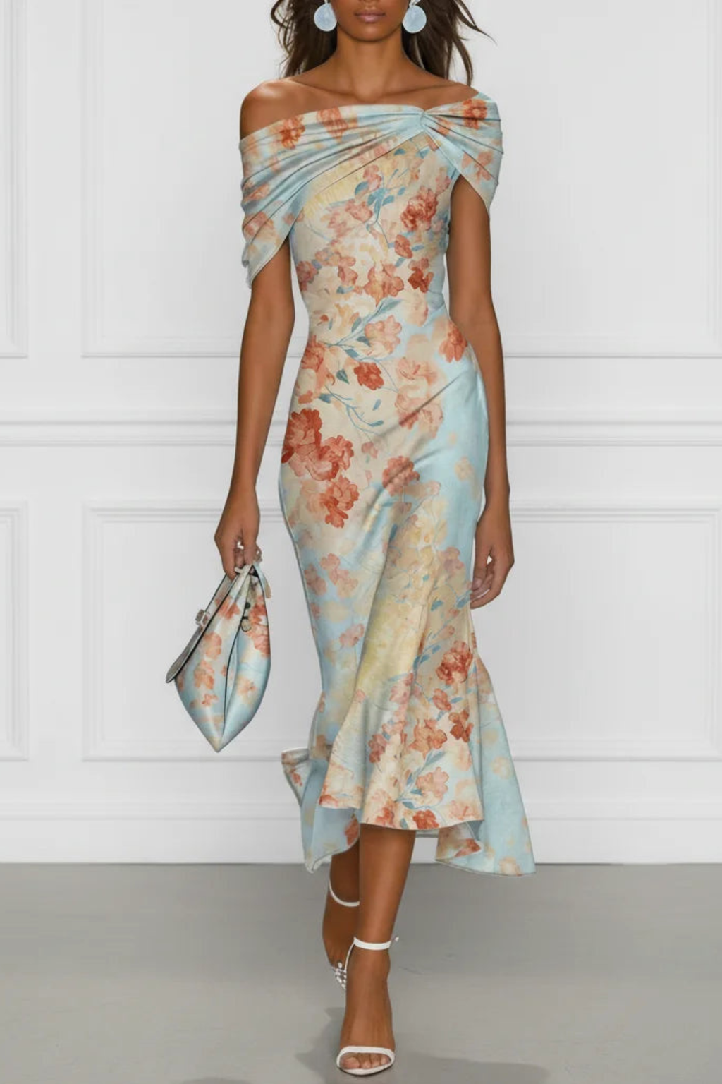 One Shoulder Mermaid Midi Dress with Romantic Floral Print