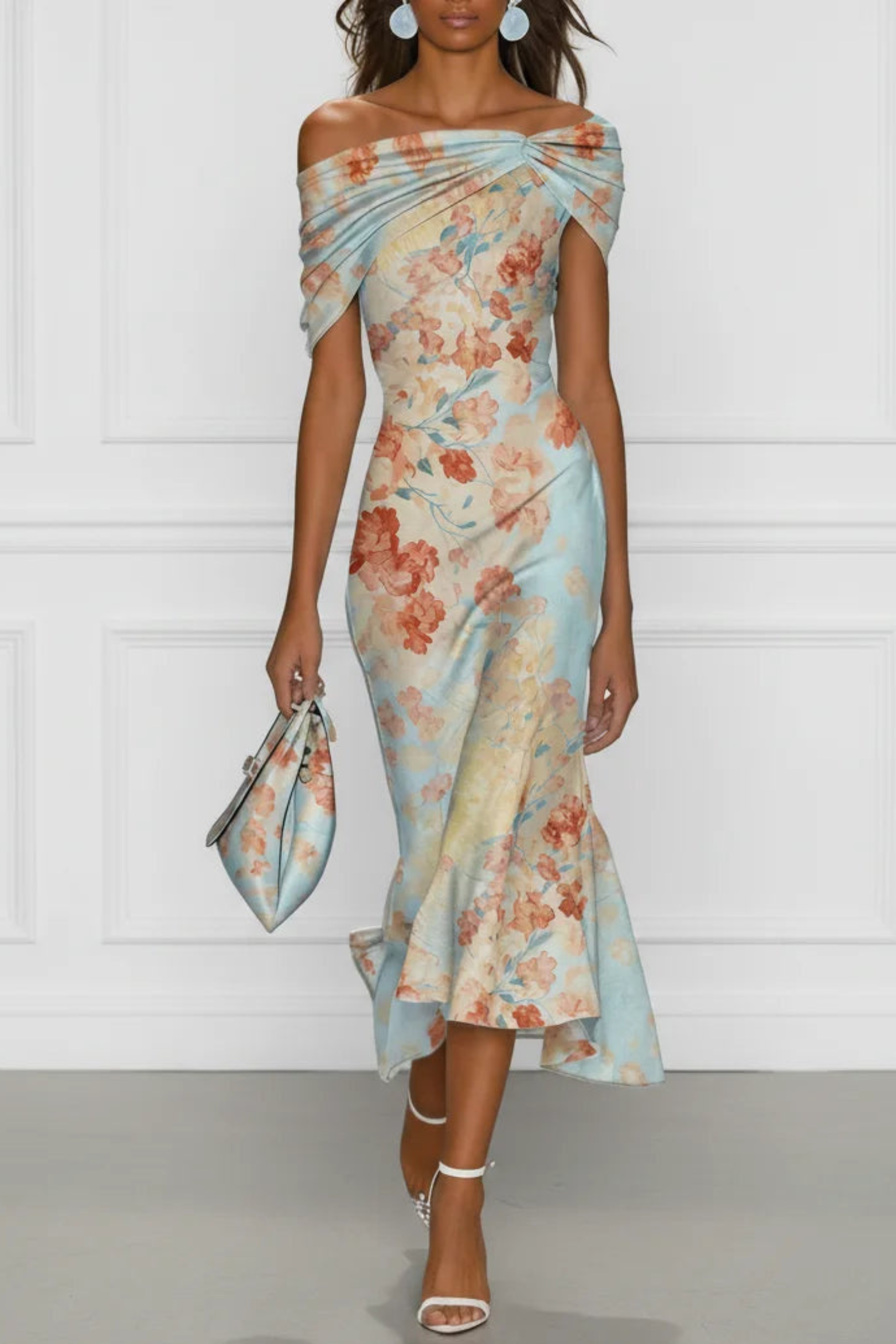 One Shoulder Mermaid Midi Dress with Romantic Floral Print