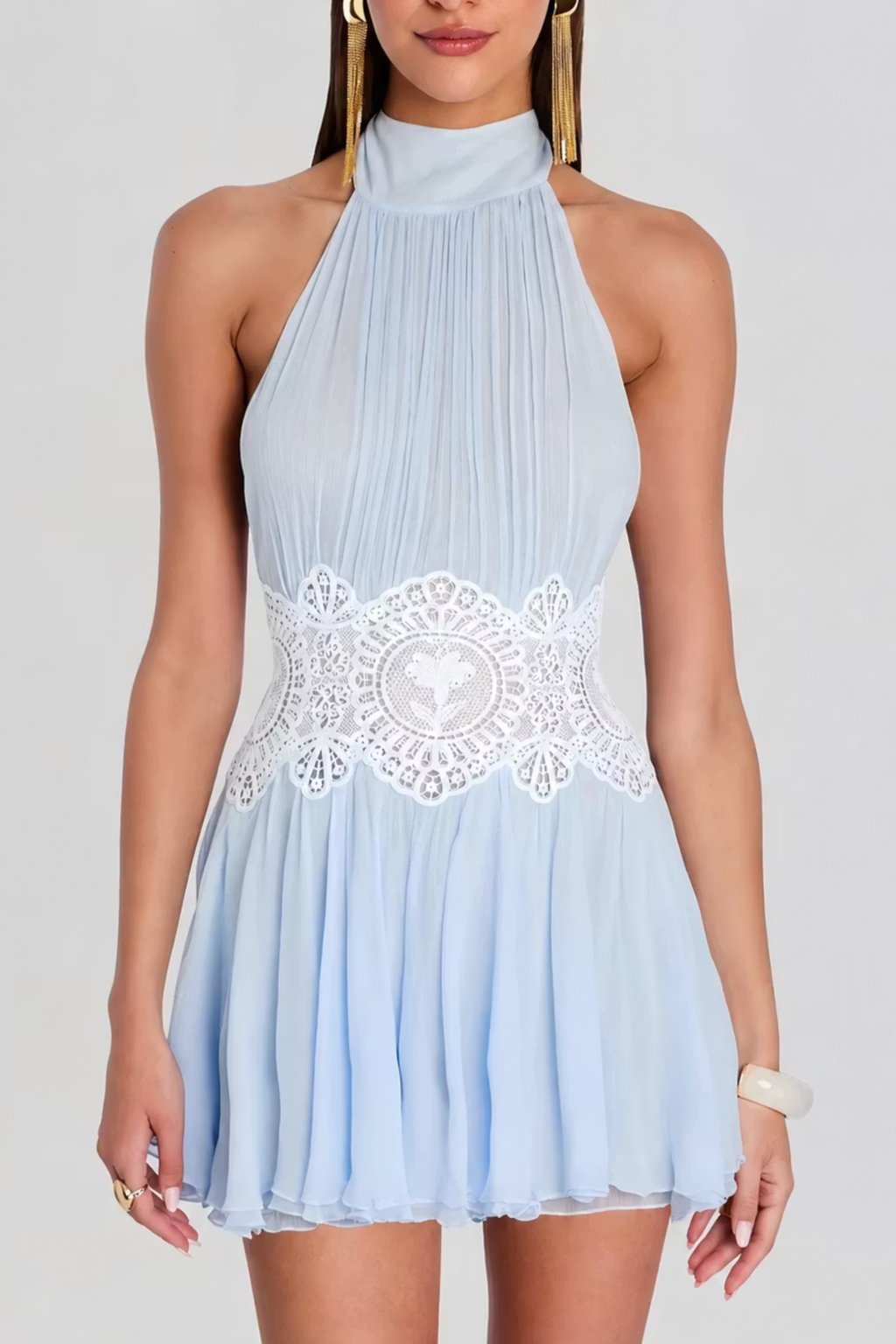 Open Back Ruffle Lace Mini Dress