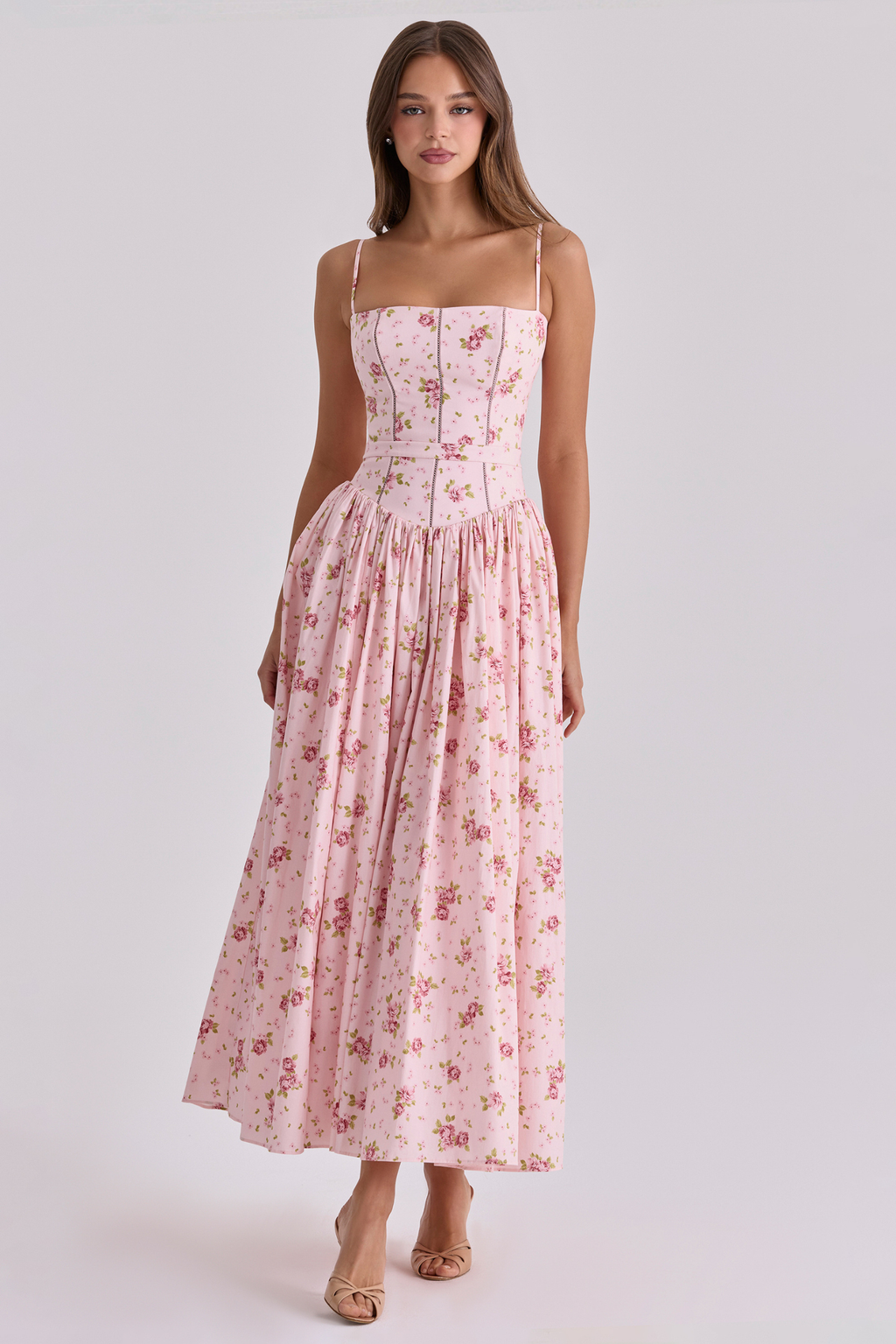 Pink Floral Gathered Slip Dress