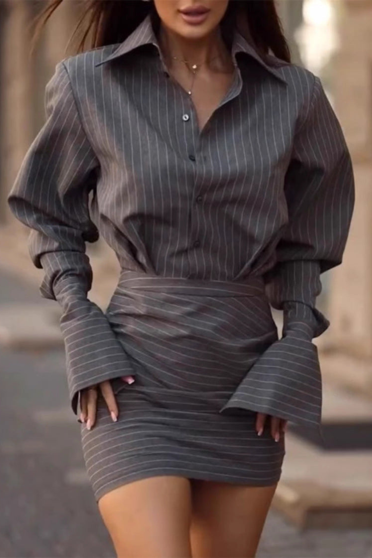Pinstripe Collared Button Front Dress