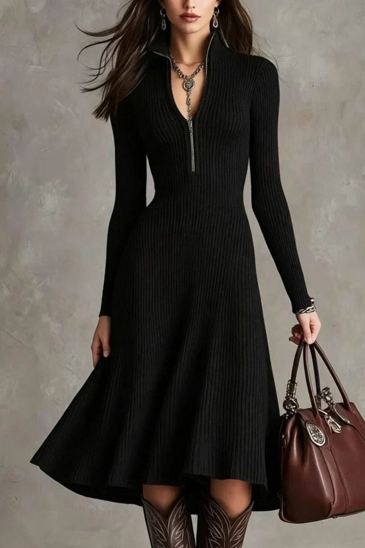 Quarter Zip Fit Flare Sweater Dress