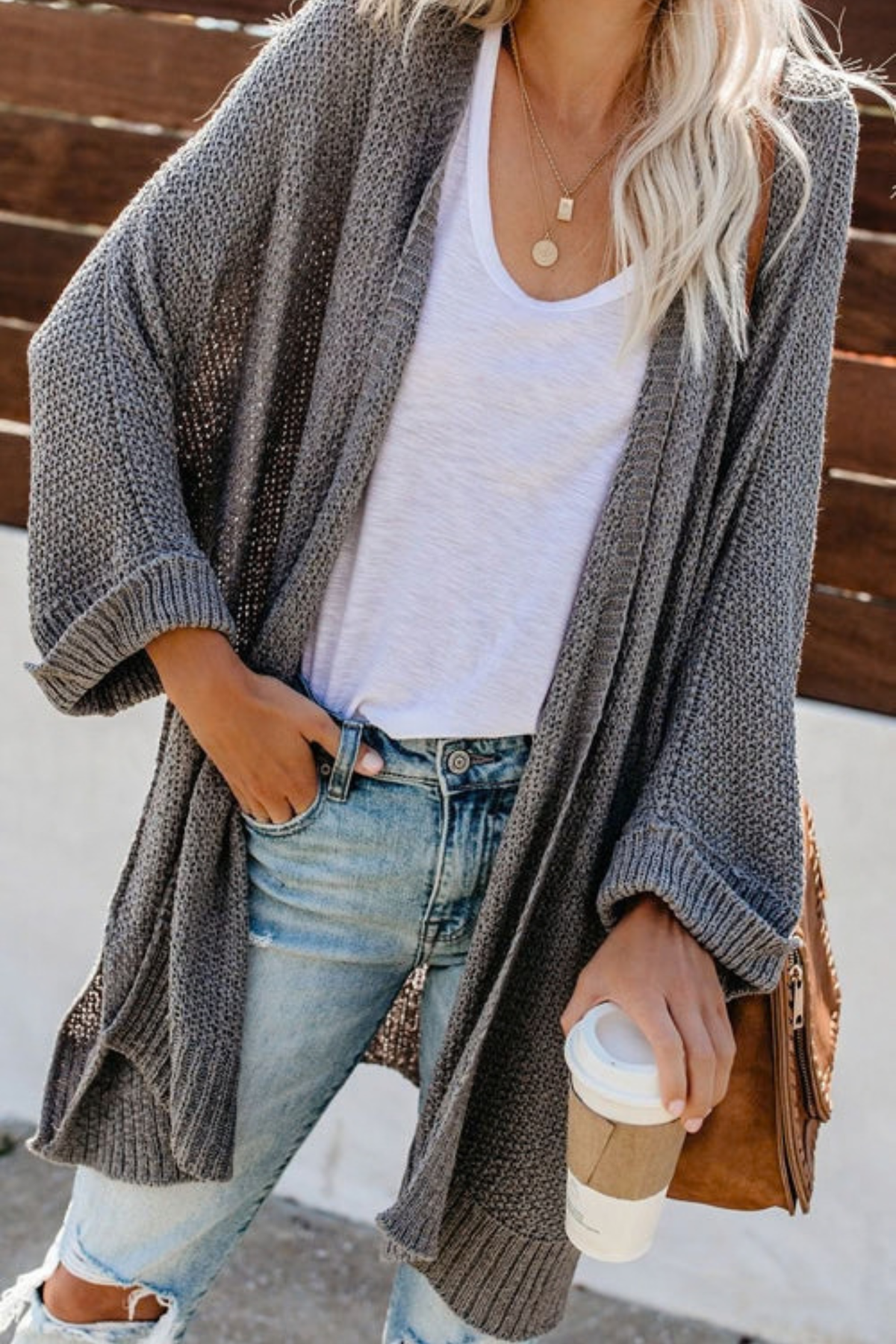 Relaxed Collarless Long Sleeve Cardigan