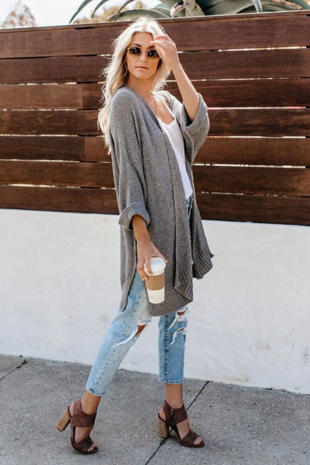 Relaxed Collarless Long Sleeve Cardigan