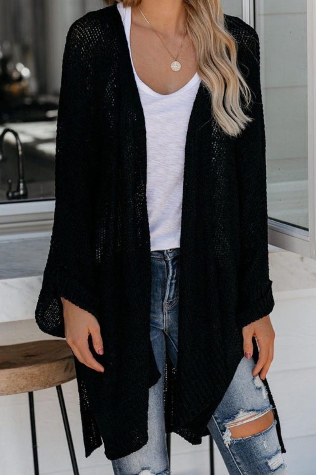 Relaxed Collarless Long Sleeve Cardigan