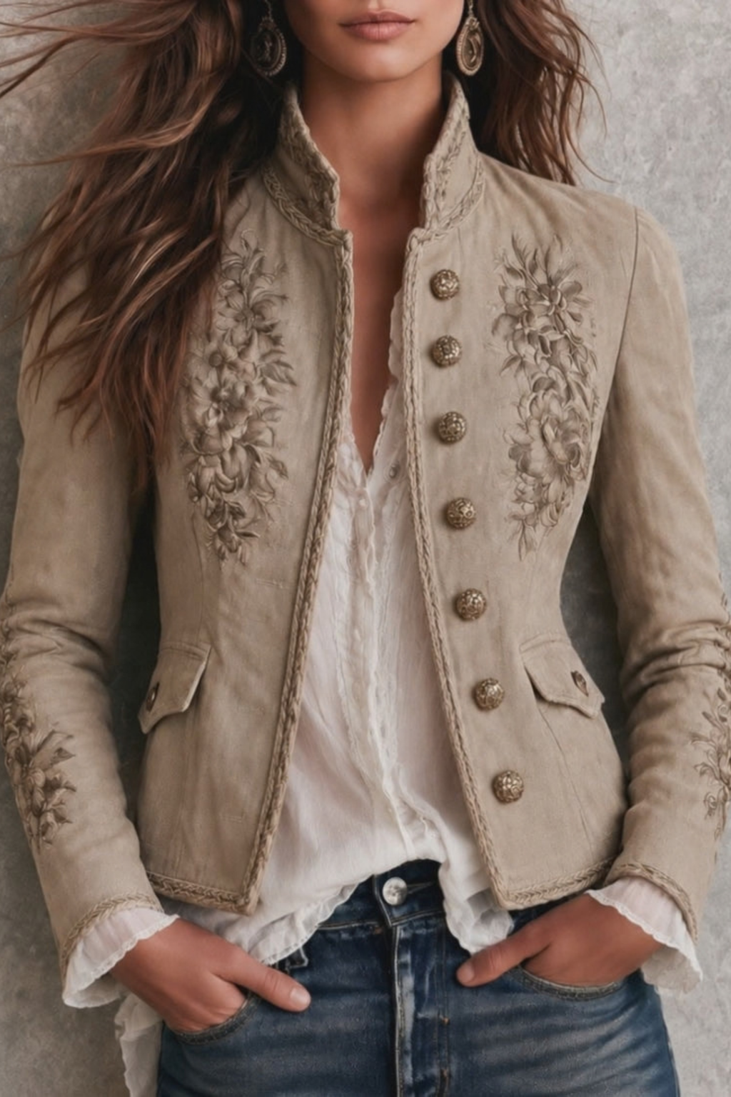 Retro Beige Floral Embroidered Jacket