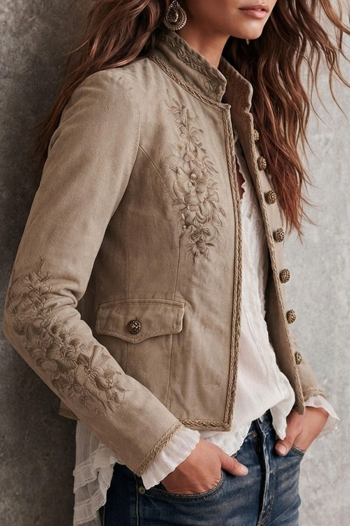 Retro Beige Floral Embroidered Jacket