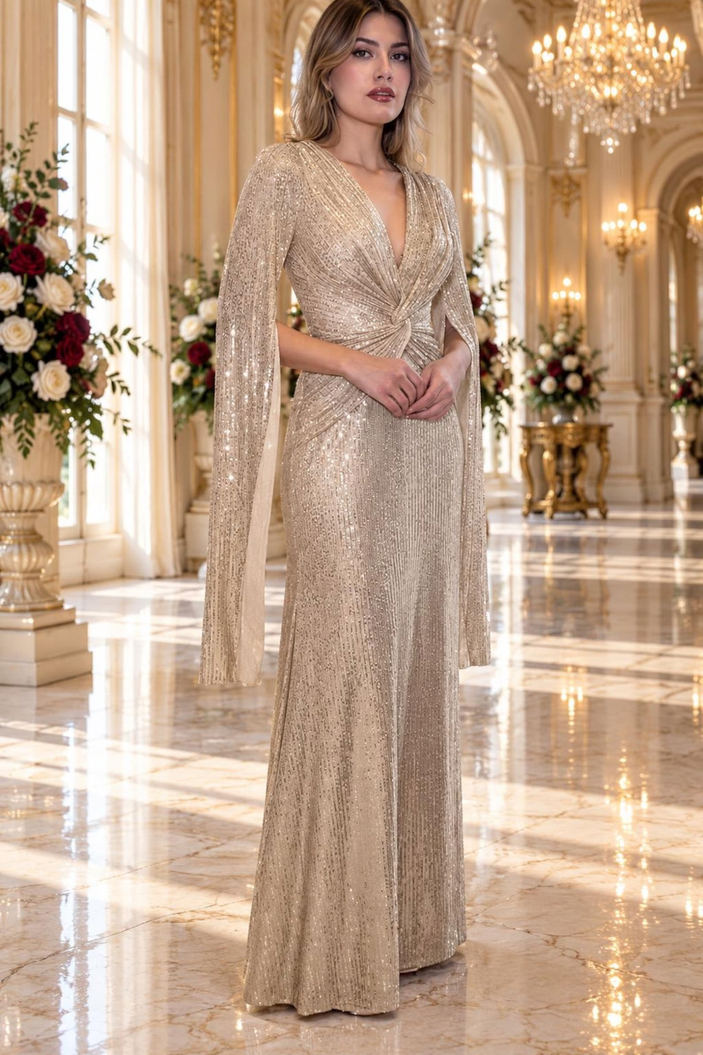 Sequin Cape Sleeve Evening Maxi Dress