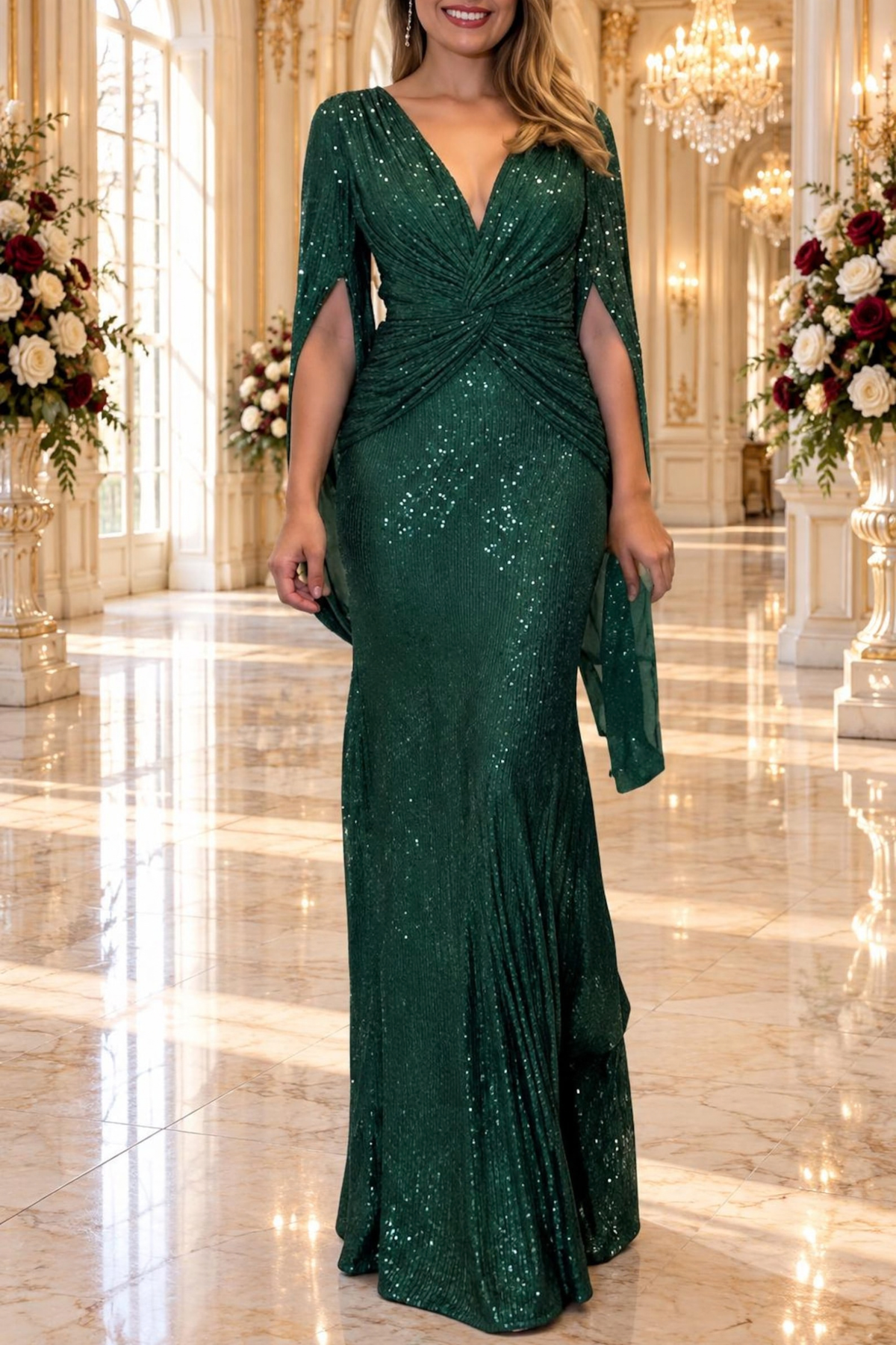 Sequin Cape Sleeve Evening Maxi Dress