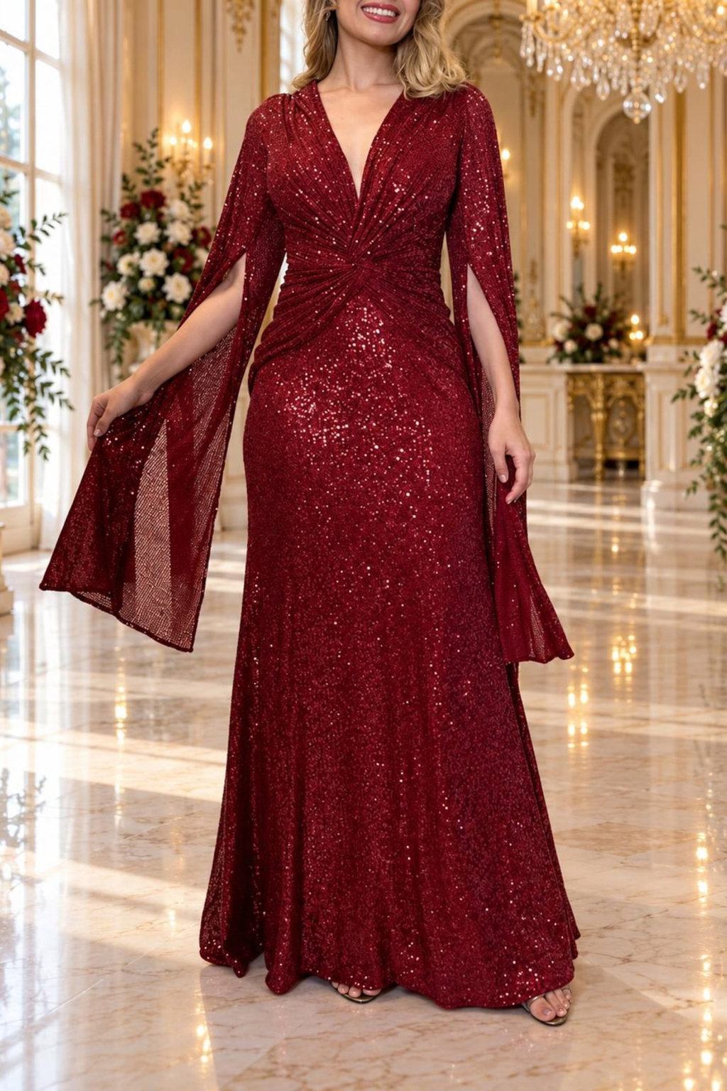 Sequin Cape Sleeve Evening Maxi Dress