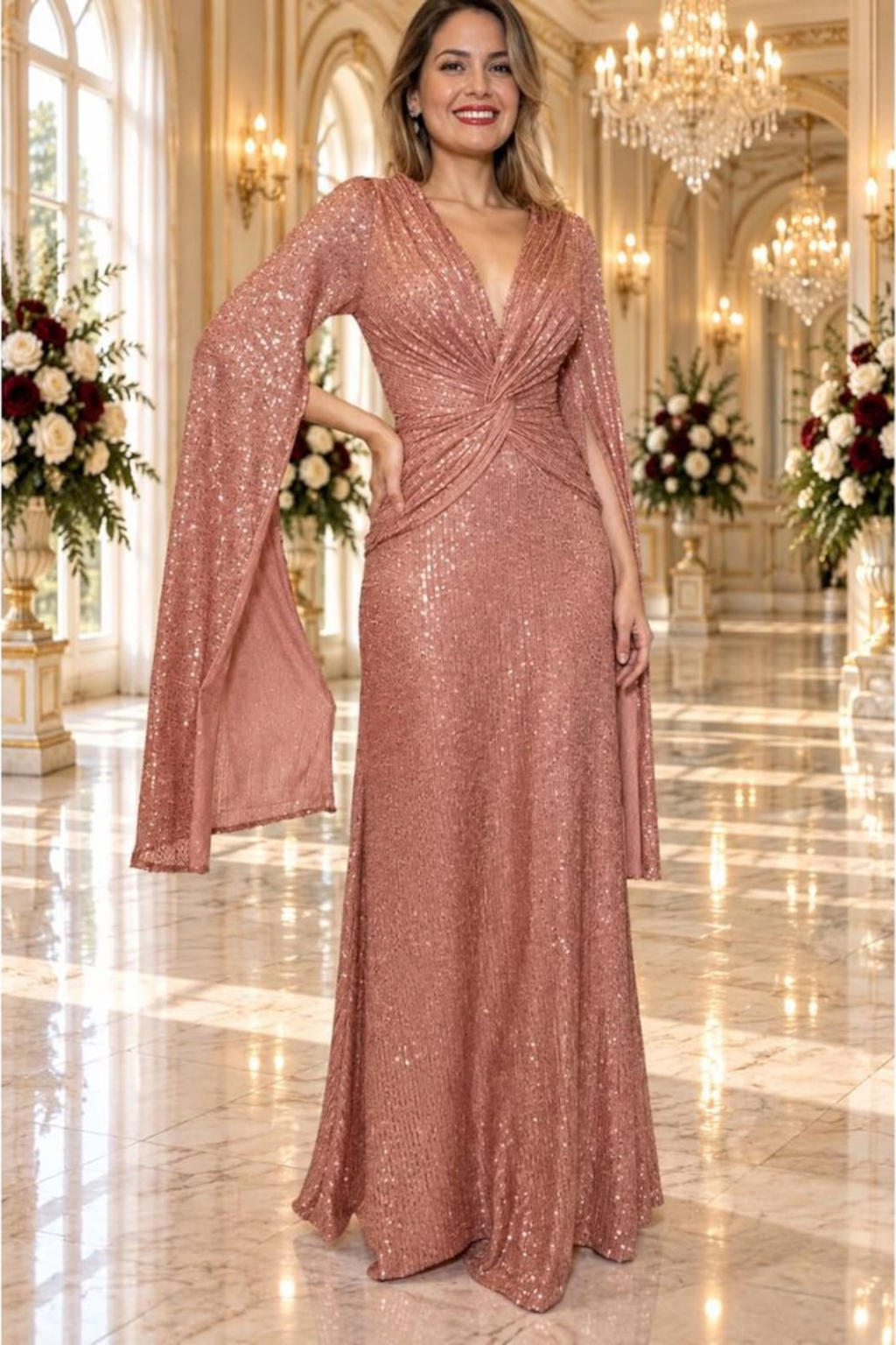 Sequin Cape Sleeve Evening Maxi Dress