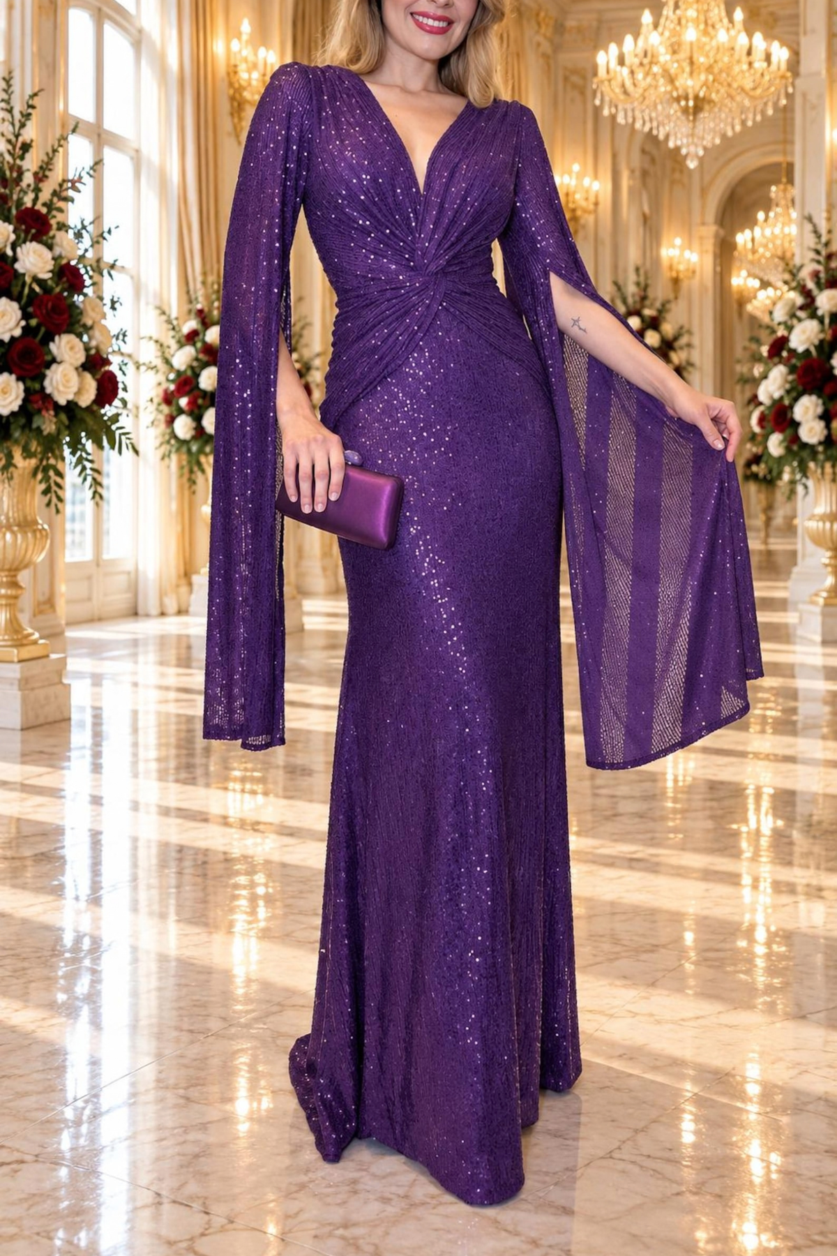 Sequin Cape Sleeve Evening Maxi Dress