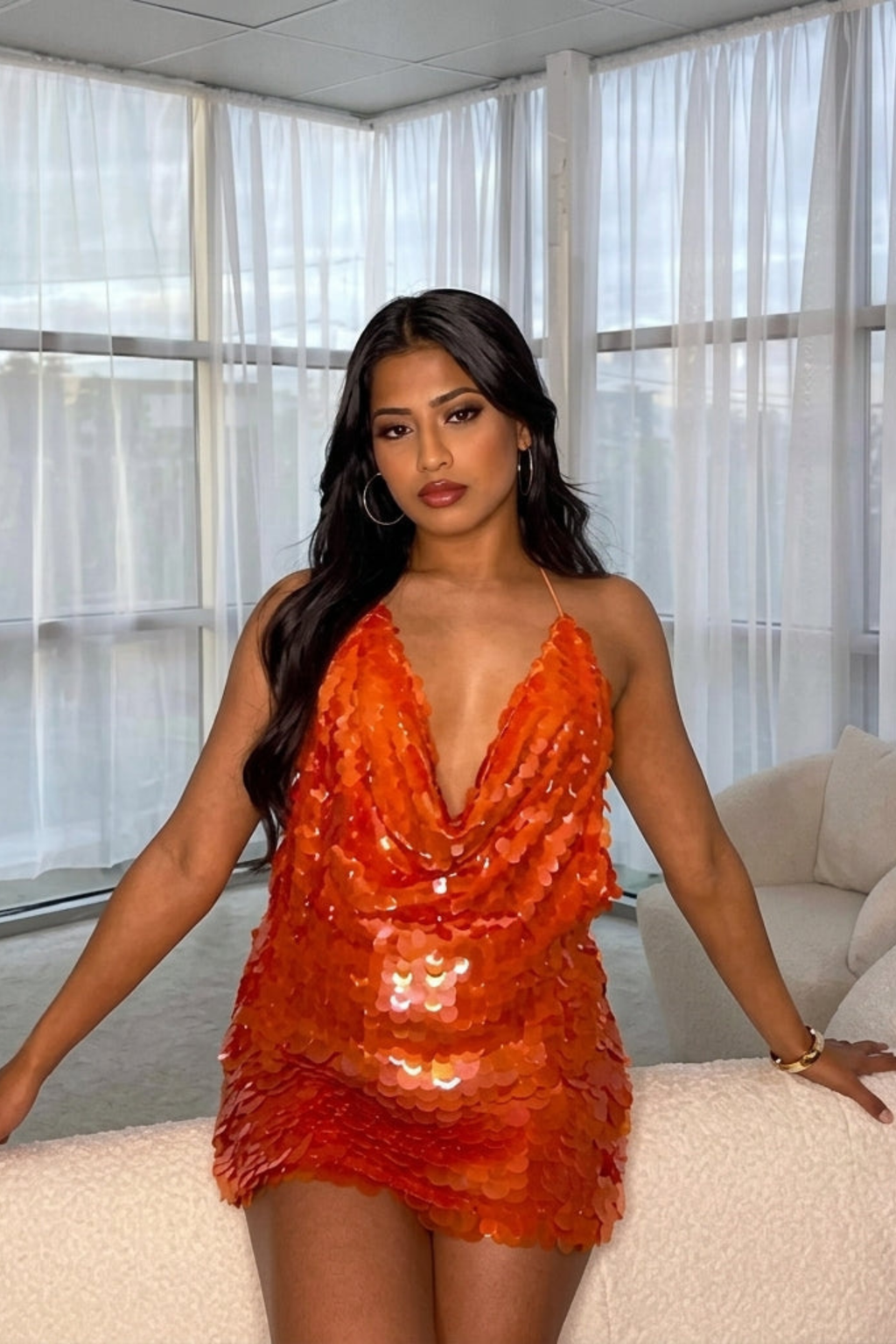 Sequin Cowl Neck Halter Mini Party Dress