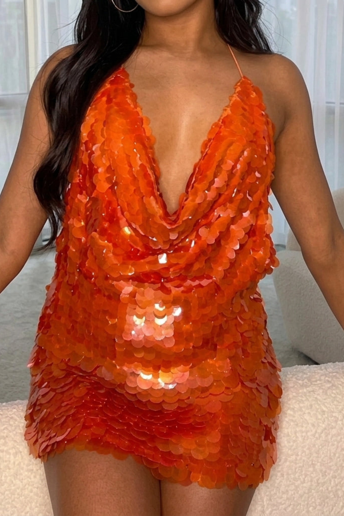 Sequin Cowl Neck Halter Mini Party Dress