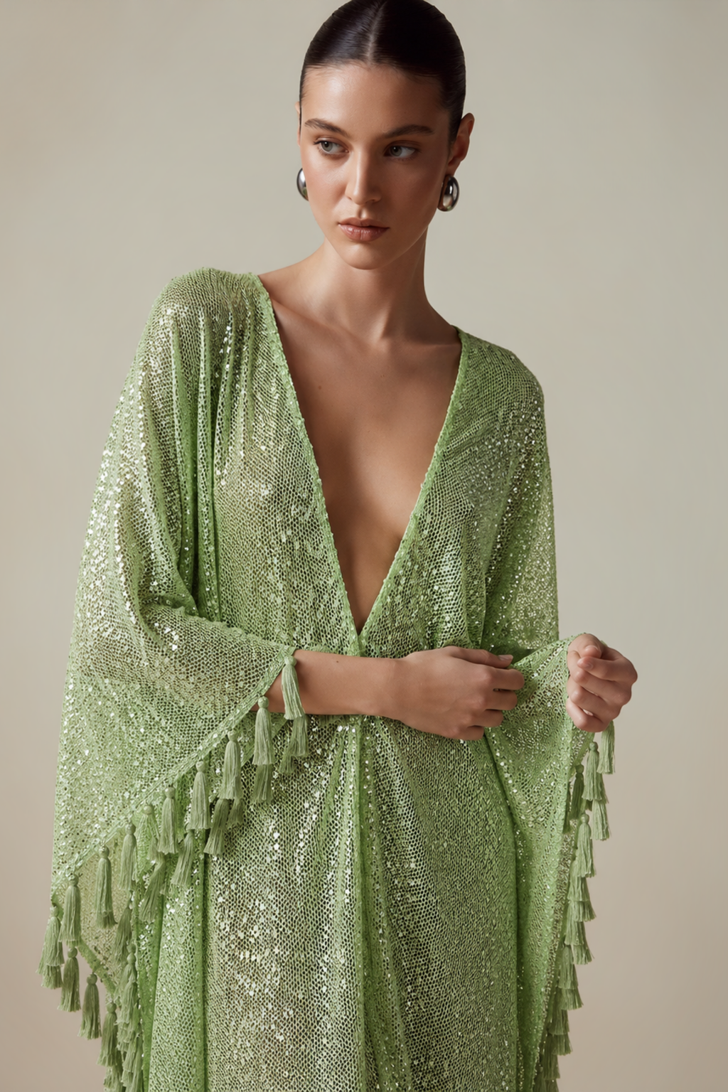 Sequin Deep V-Neck Fringe Slit Gown
