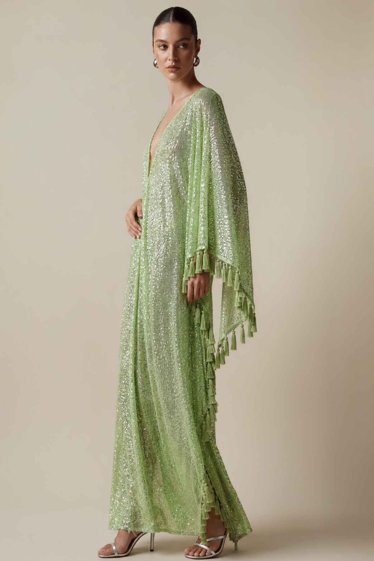 Sequin Deep V-Neck Fringe Slit Gown