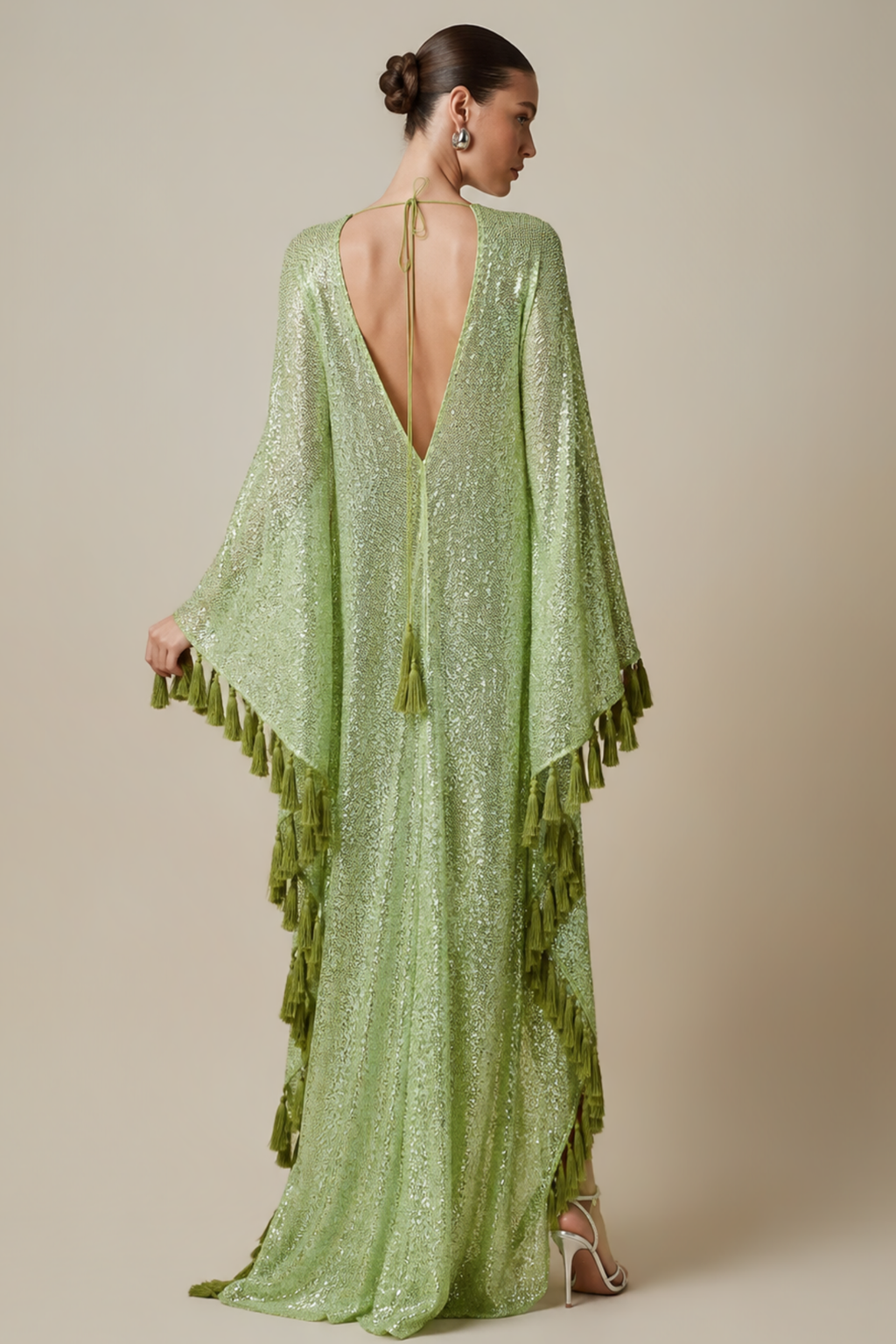 Sequin Deep V-Neck Fringe Slit Gown