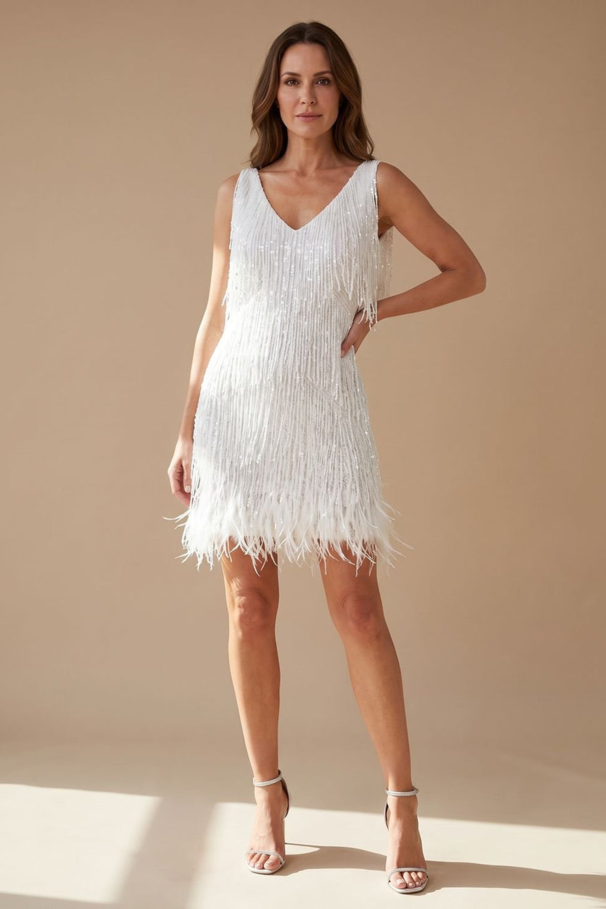 Sequin Fringe V Neck Mini Party Dress