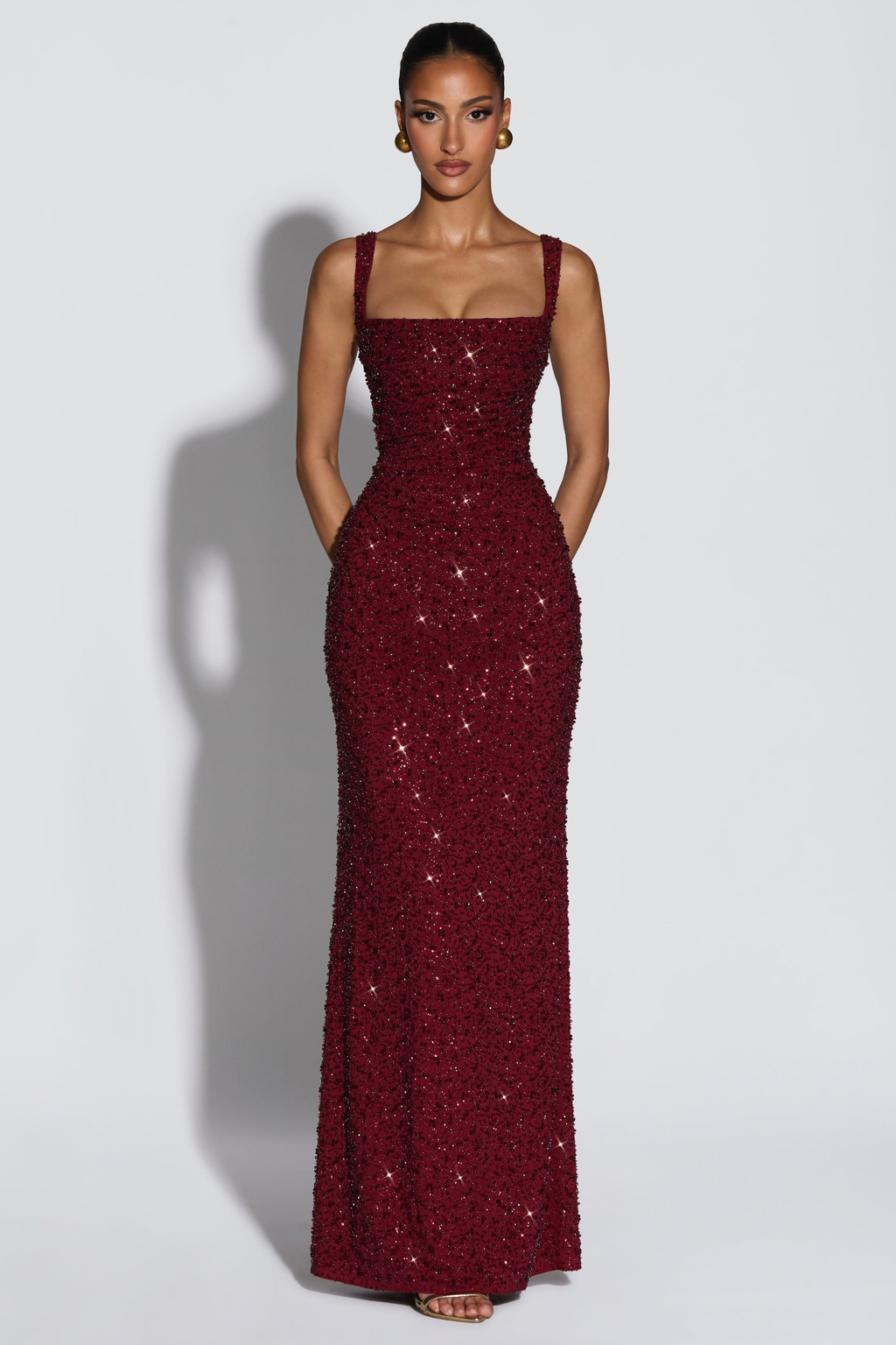 Sequin Tie Up Square Neck Maxi Dress