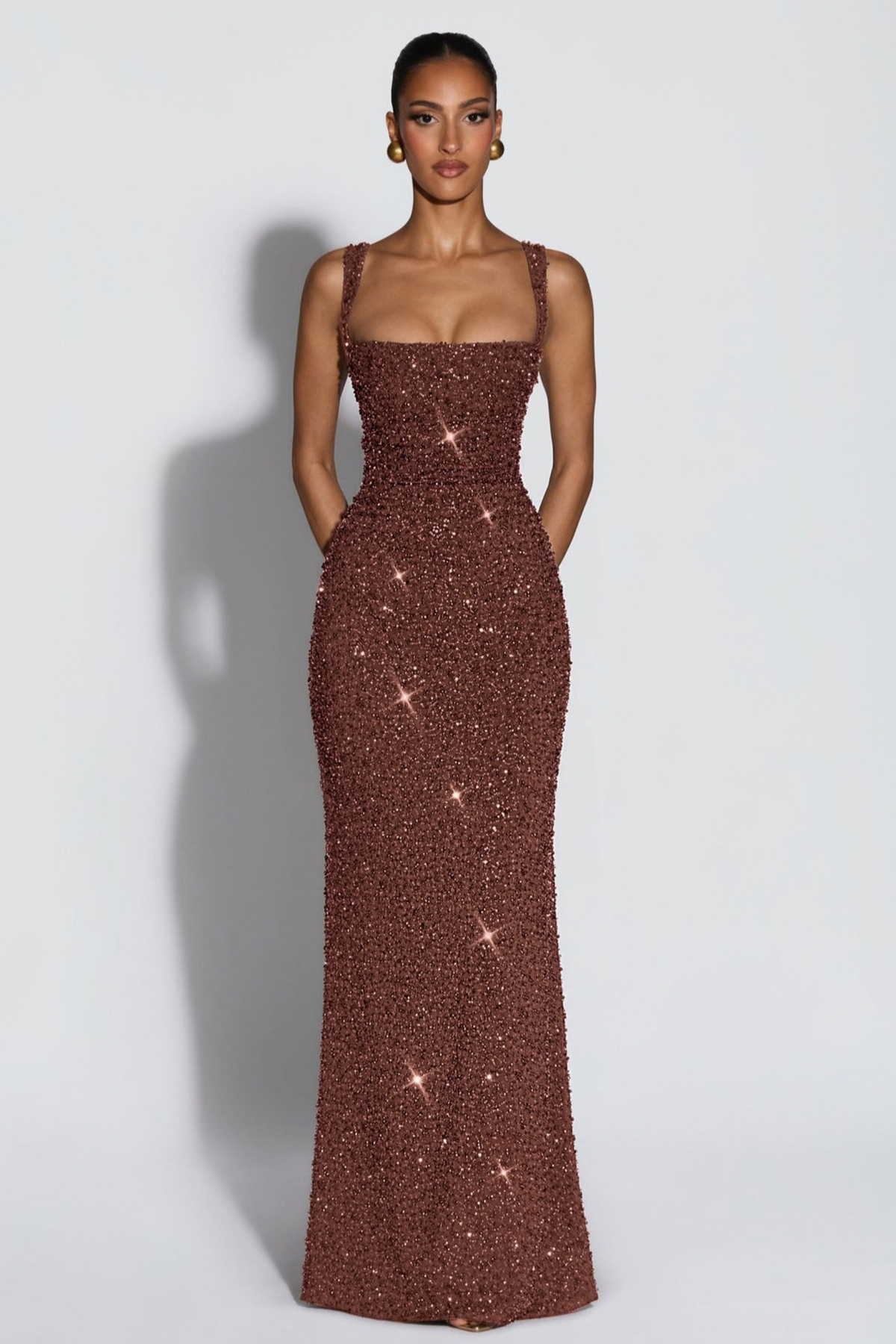 Sequin Tie Up Square Neck Maxi Dress
