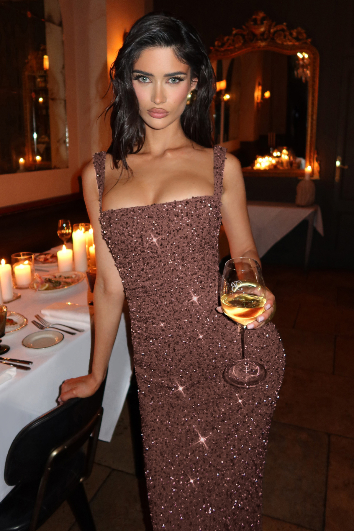 Sequin Tie Up Square Neck Maxi Dress