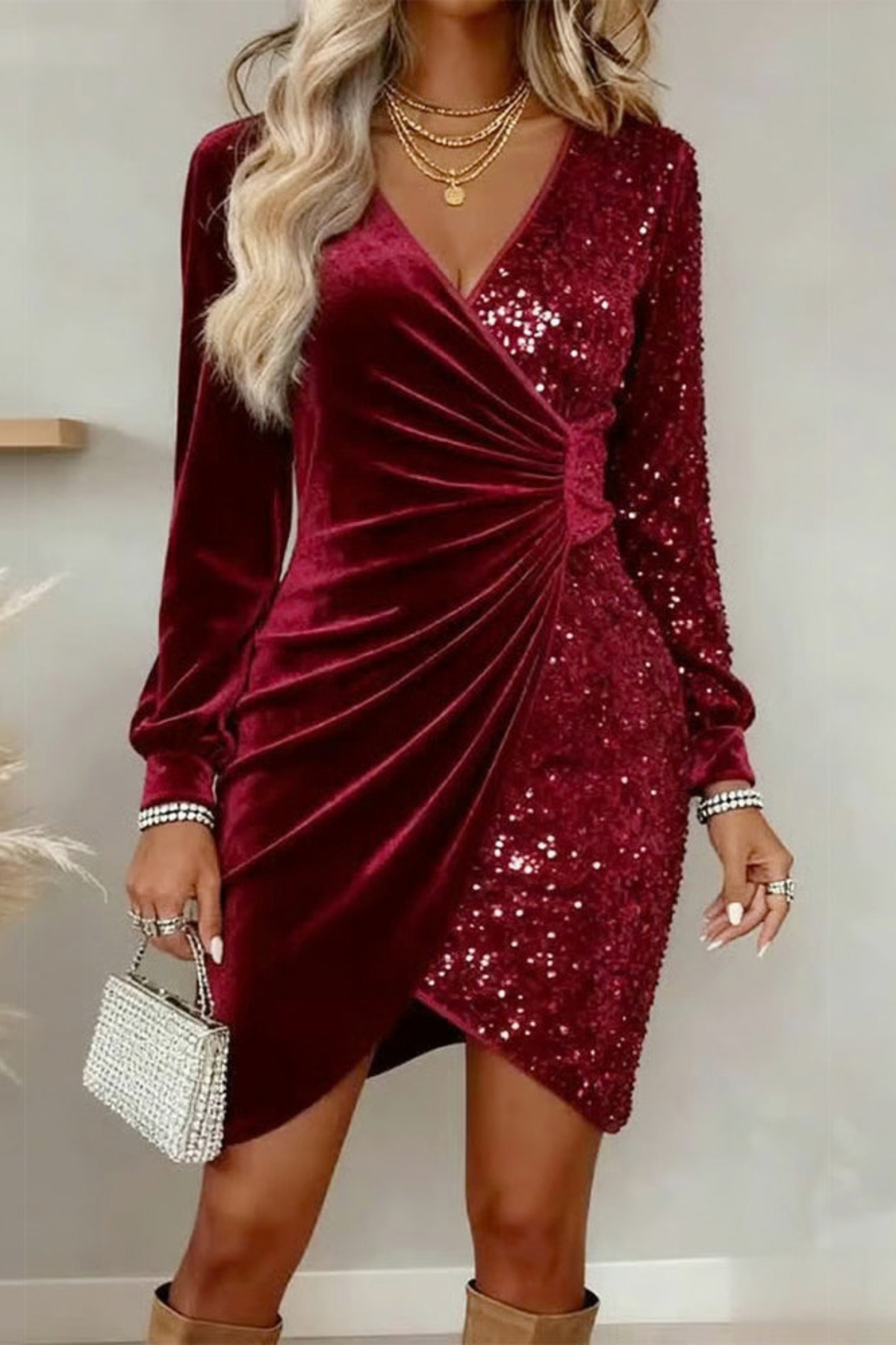 Sequin Wrap V Neck Long Sleeve Midi Dress