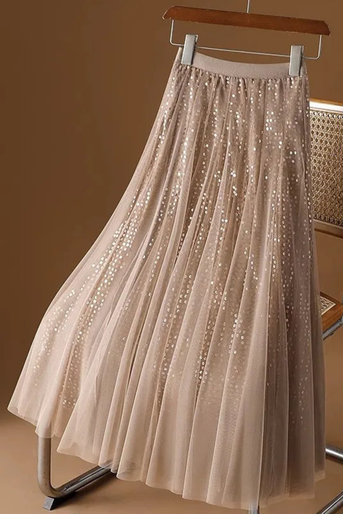 Sequined Tulle A Line Maxi Skirt