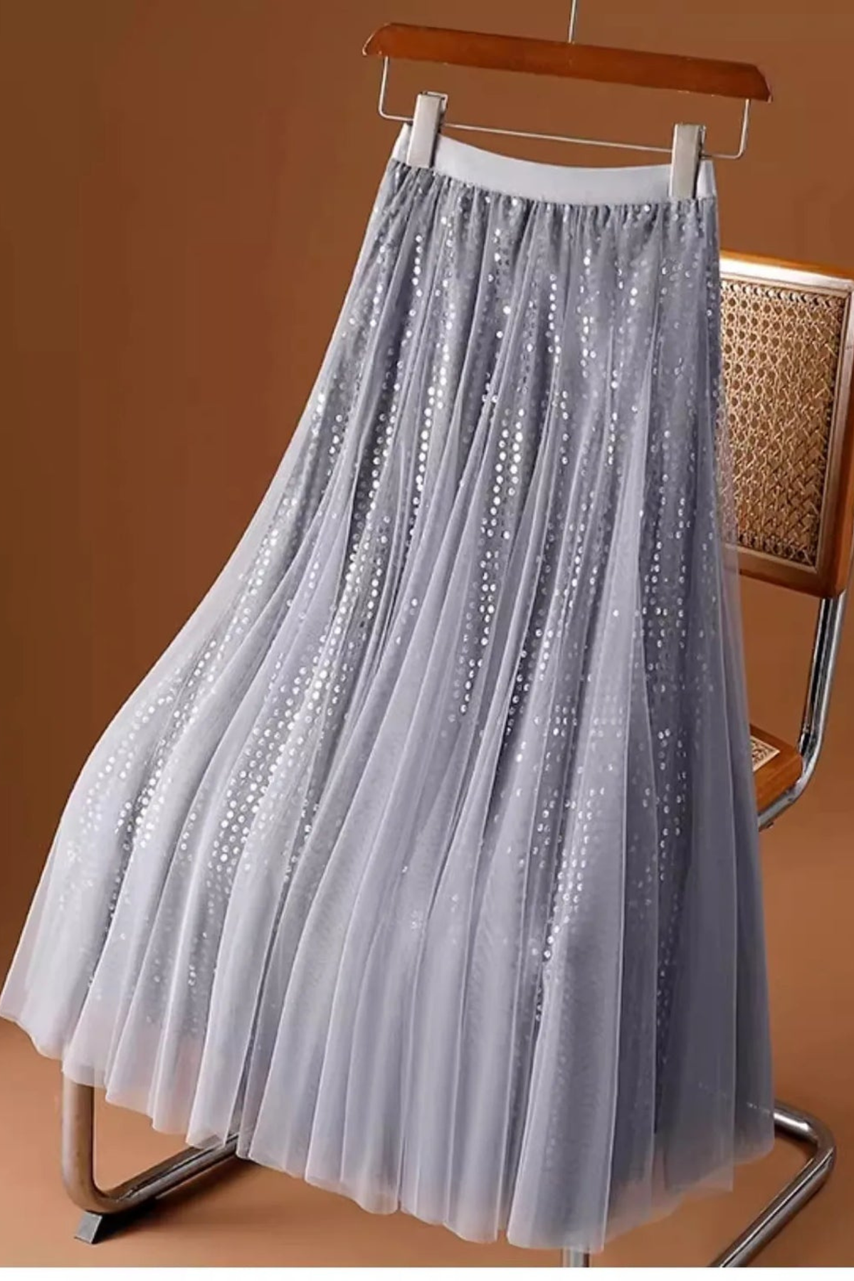 Sequined Tulle A Line Maxi Skirt