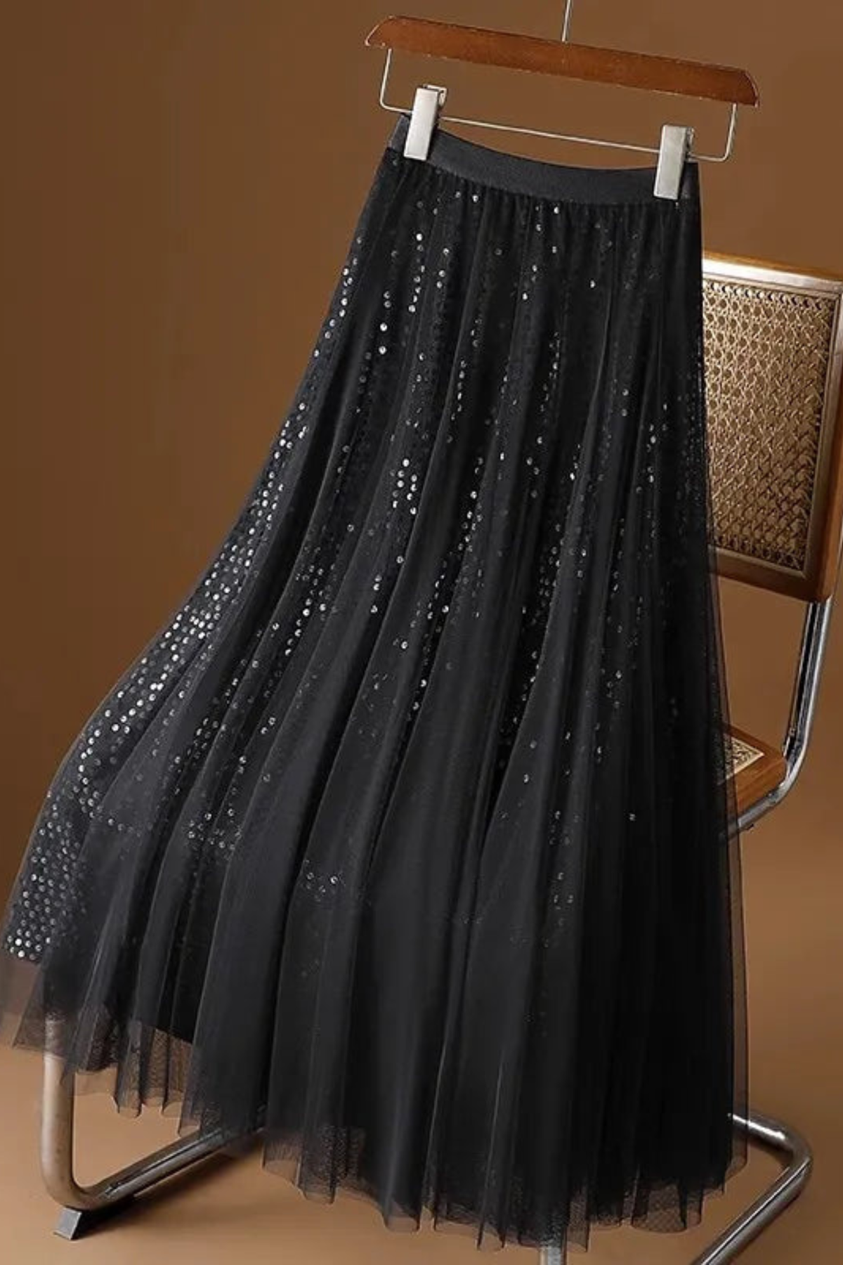 Sequined Tulle A Line Maxi Skirt